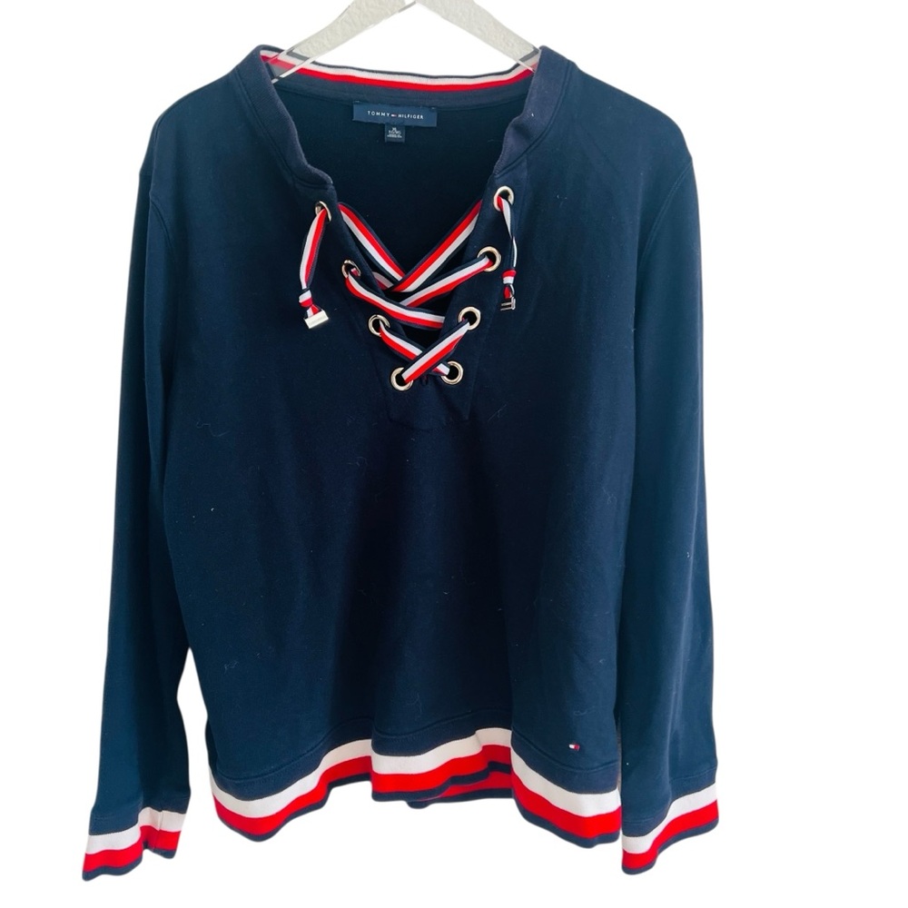 Tommy Hilfiger Navy Lace-Up Top and Skirt with Red and White Trim - Picture 2 of 4